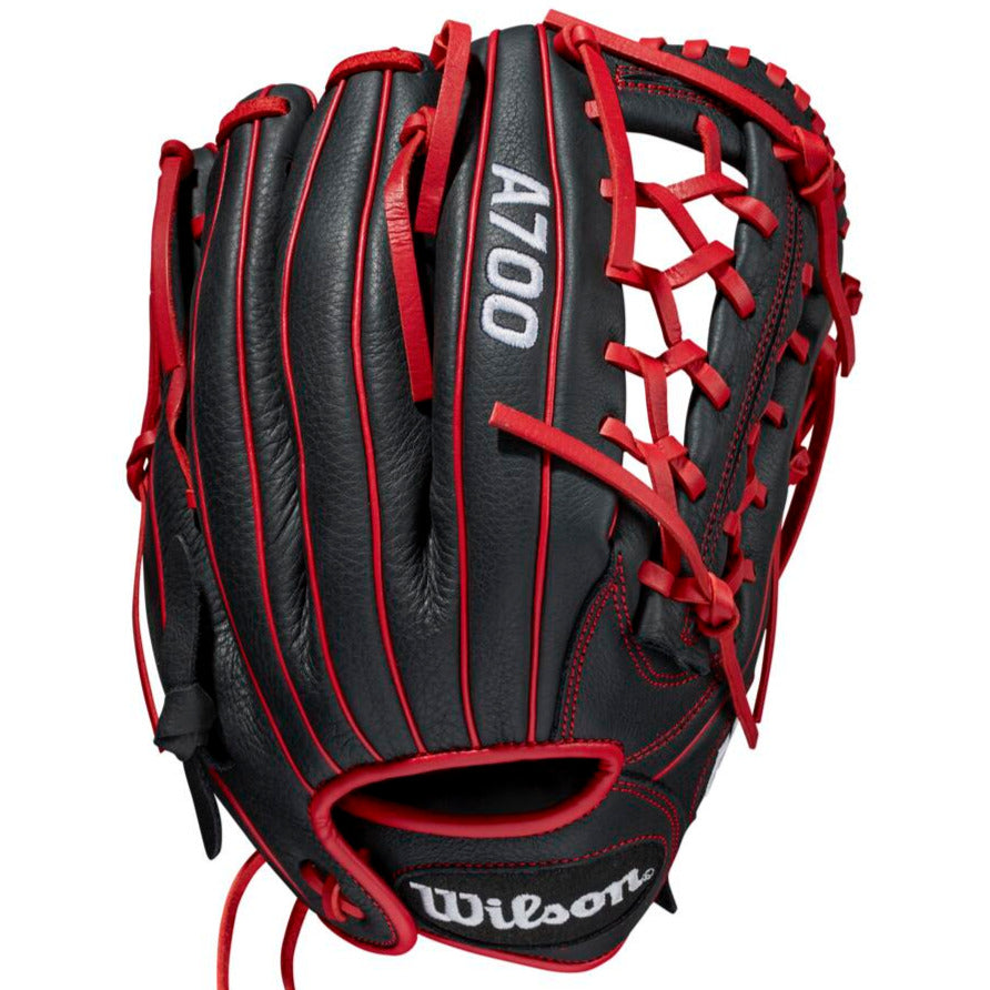 The Wilson A700 12" Baseball Glove (WBW10012712) is a black, full-grain leather outfield glove featuring red laces and stitching, with the A700 model name in white—perfect for baseball players seeking quality and style.