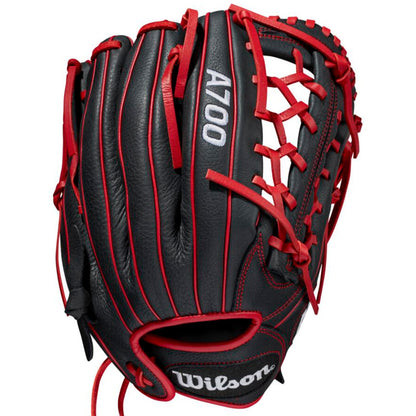 The Wilson A700 12" Baseball Glove (WBW10012712) is a black, full-grain leather outfield glove featuring red laces and stitching, with the A700 model name in white—perfect for baseball players seeking quality and style.