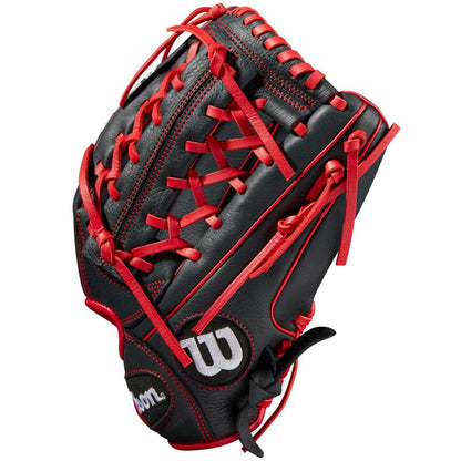 The Wilson A700 12" Baseball Glove (WBW10012712) by Wilson features black full grain leather, red laces and stitching, and a white W logo on the side.