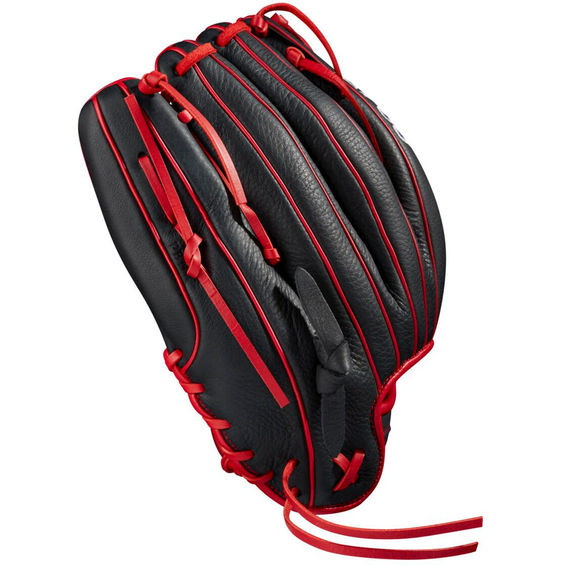 The Wilson A700 12" Baseball Glove (WBW10012712) by Wilson features black full-grain leather with red laces and trim, detailed stitching, and is shown from the back with fingers closed together.