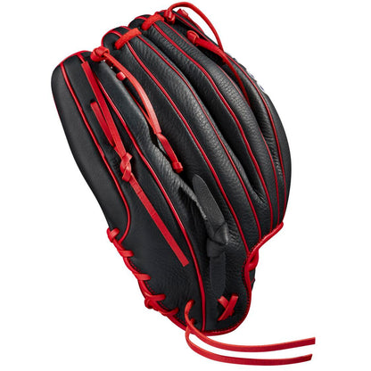 The Wilson A700 12" Baseball Glove (WBW10012712) by Wilson features black full-grain leather with red laces and trim, detailed stitching, and is shown from the back with fingers closed together.