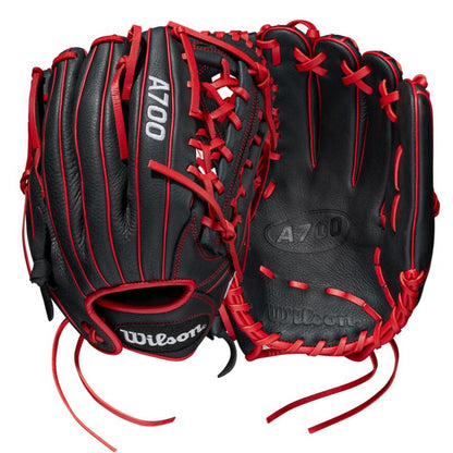 Two black Wilson A700 12" Baseball Gloves (WBW10012712) made of full grain leather with red laces are shown front and back, showcasing the Wilson brand name and detailed stitching.
