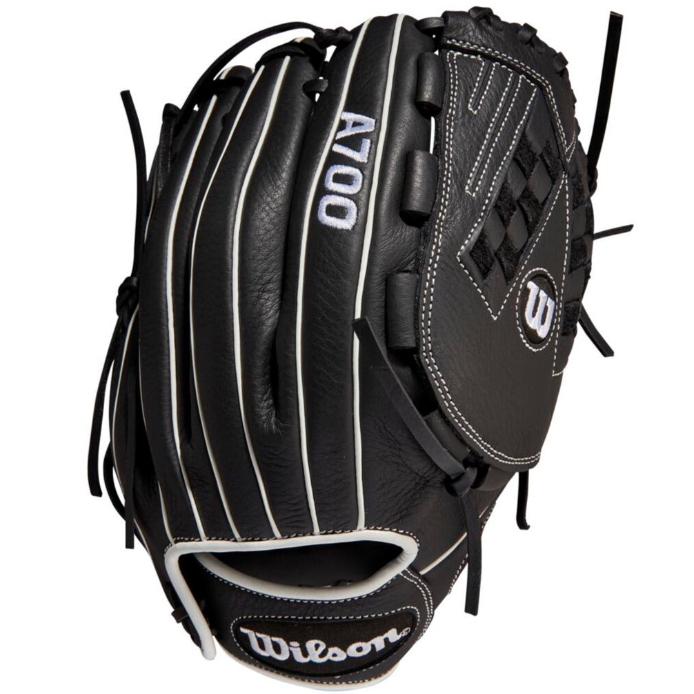 The Wilson A700 12.5" Fastpitch Glove (WBW100425125) features a black design with white stitching and laces, plus Wilson branding and model details, offering style and top performance for dedicated players.