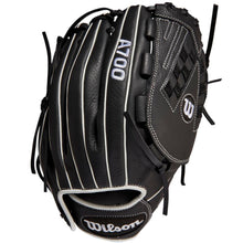 The Wilson A700 12.5" Fastpitch Glove (WBW100425125) features a black design with white stitching and laces, plus Wilson branding and model details, offering style and top performance for dedicated players.
