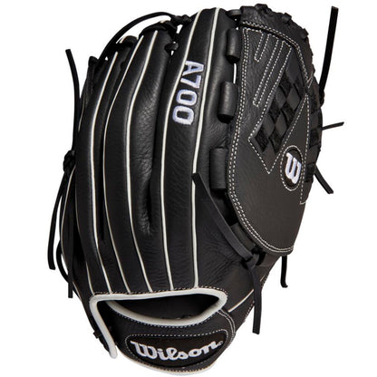The Wilson A700 12.5" Fastpitch Glove (WBW100425125) features a black design with white stitching and laces, plus Wilson branding and model details, offering style and top performance for dedicated players.