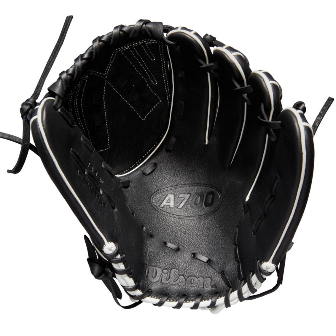 The Wilson A700 12.5" Fastpitch Glove (WBW100425125) by Wilson is a black outfield glove with white stitching and laces, shown open to display the palm and webbing.