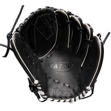 The Wilson A700 12.5" Fastpitch Glove (WBW100425125) by Wilson is a black outfield glove with white stitching and laces, shown open to display the palm and webbing.