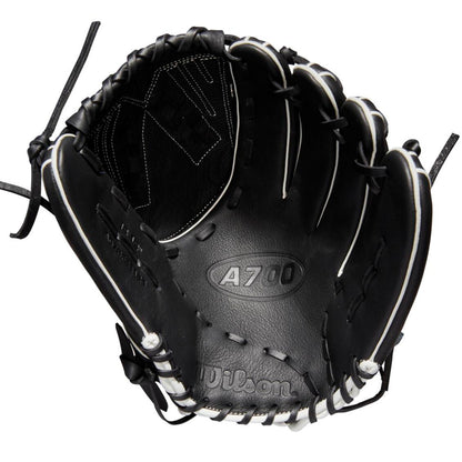 The Wilson A700 12.5" Fastpitch Glove (WBW100425125) by Wilson is a black outfield glove with white stitching and laces, shown open to display the palm and webbing.