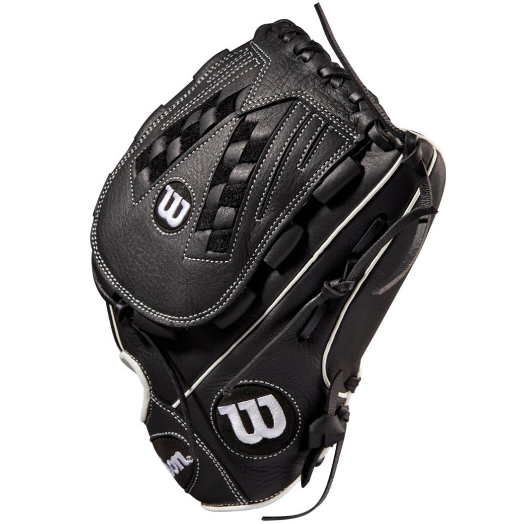 The Wilson A700 12.5" Fastpitch Glove (WBW100425125) is a black Wilson glove with white stitching and logos, ideal for outfield play, featuring a webbed pocket and leather laces, shown from an angled top view.