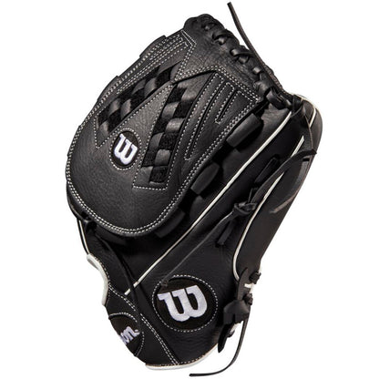 The Wilson A700 12.5" Fastpitch Glove (WBW100425125) is a black Wilson glove with white stitching and logos, ideal for outfield play, featuring a webbed pocket and leather laces, shown from an angled top view.