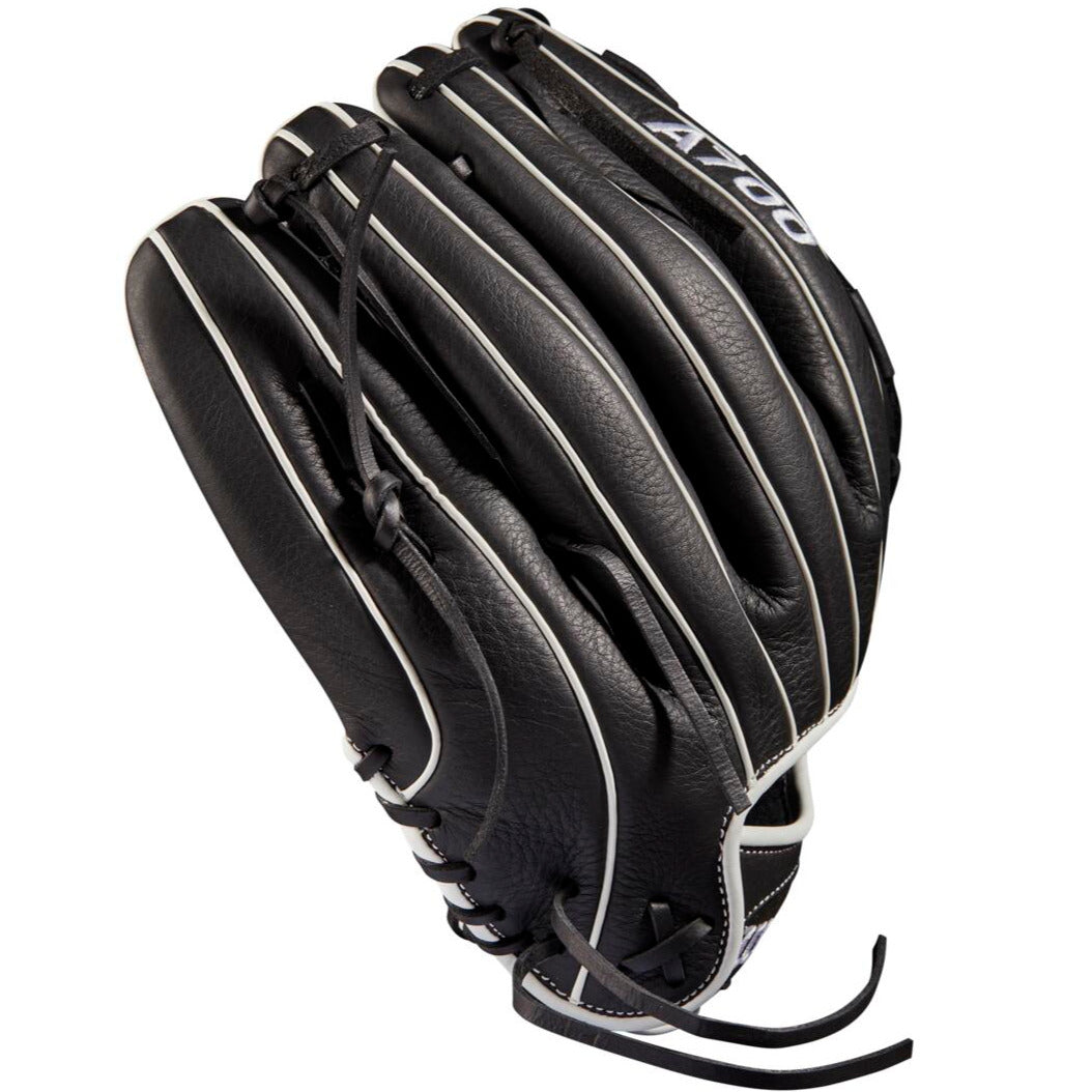 The Wilson A700 12.5" Fastpitch Glove (WBW100425125) features white stitching and laces on black leather, viewable from the back with the A700 logo—ideal for fastpitch outfielders who want style and top performance.