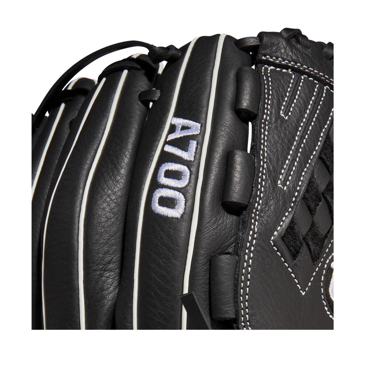 Close-up of the Wilson A700 12.5" Fastpitch Glove (WBW100425125) in black, featuring detailed white stitching, laces, and an embroidered A700 label—ideal for outfield Fastpitch play.