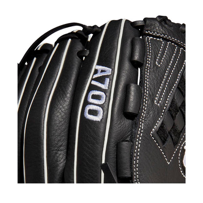 Close-up of the Wilson A700 12.5" Fastpitch Glove (WBW100425125) in black, featuring detailed white stitching, laces, and an embroidered A700 label—ideal for outfield Fastpitch play.
