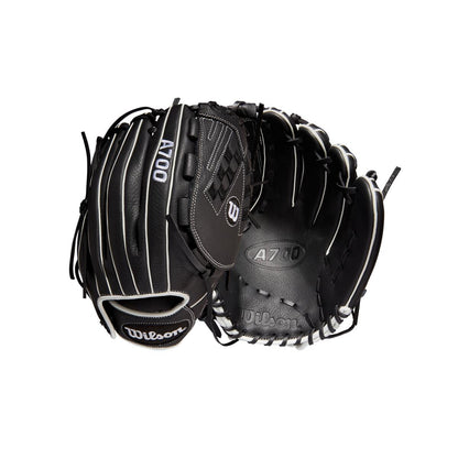 The Wilson A700 12.5" Fastpitch Glove (WBW100425125) by Wilson is shown in black with white stitching and laces, displayed from two angles—highlighting both the outer side and the inner palm area.
