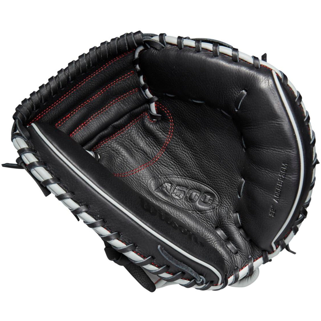 The Wilson A500 32" Baseball Catcher's Mitt (WBW10090732) features black top grain leather, white and grey lacing, red stitching, a branded palm, and an adjustable wrist closure for a secure fit.