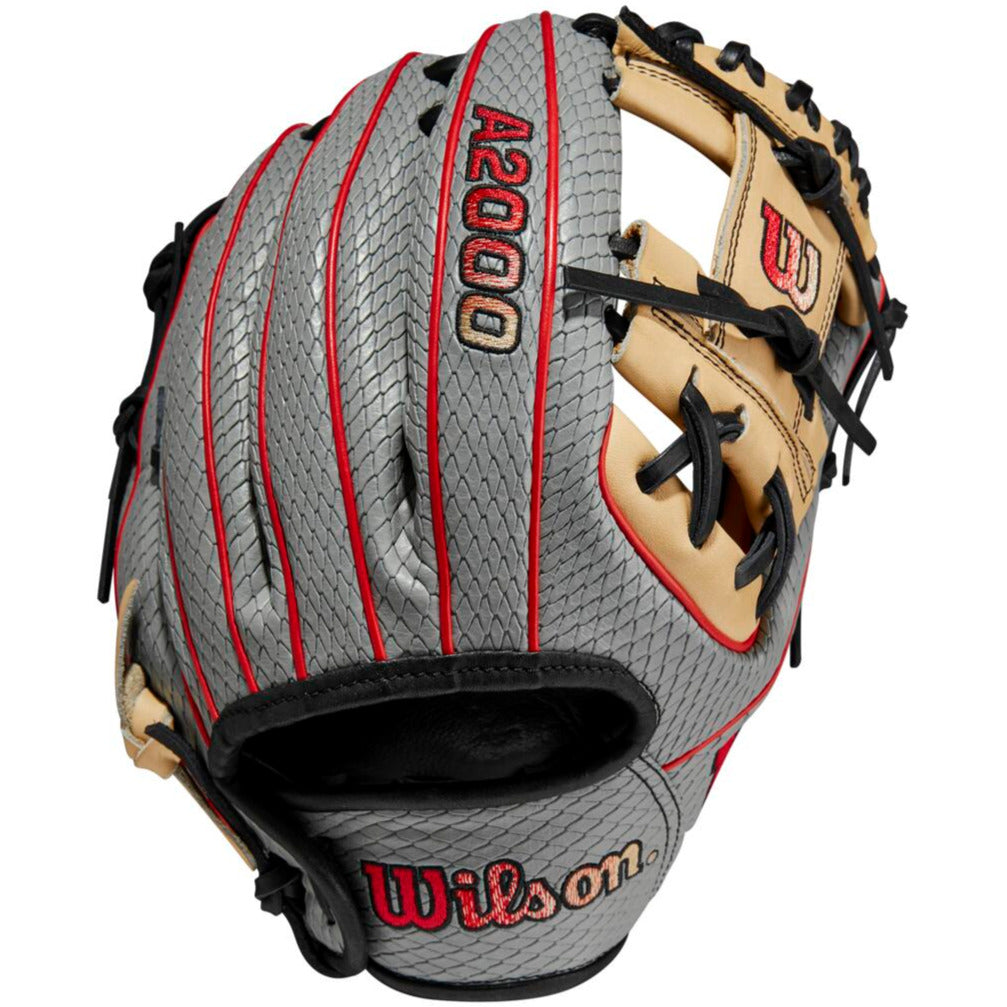 The Wilson A2000 PF88SS 11.25" SuperSnakeSkin Baseball Glove (WBW1009811125) features gray, red, black, and tan accents, Wilson branding, textured surface, and Pedroia Fit technology—crafted for elite infield performance.
