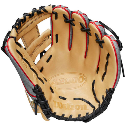 The Wilson A2000 PF88SS 11.25" SuperSnakeSkin Baseball Glove (WBW1009811125) features black, red, and tan styling with visible stitching, branding, and Pedroia Fit tech for a top infield experience.