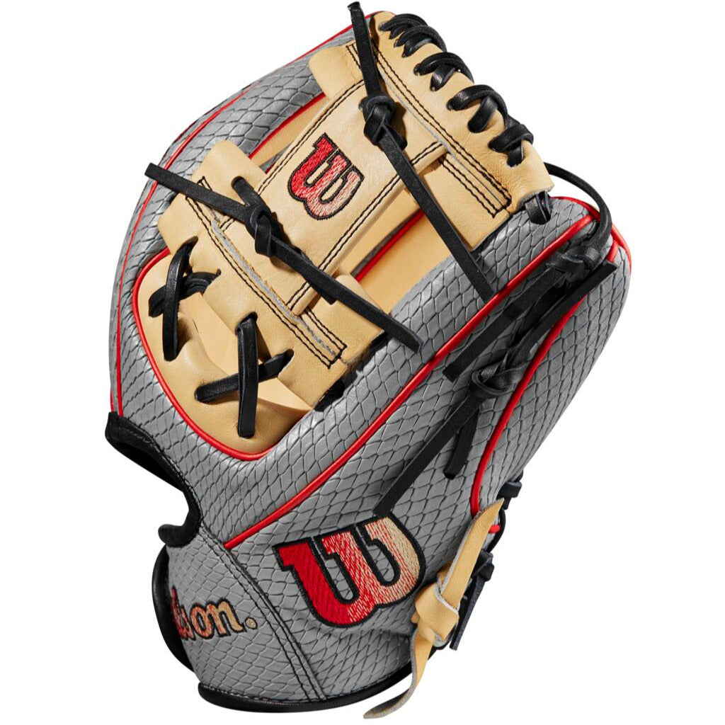 The Wilson A2000 PF88SS 11.25" SuperSnakeSkin Baseball Glove (WBW1009811125) features a gray textured surface, black laces, tan accents, red trim, and the red and black Wilson W logo—crafted for infielders with Pedroia Fit.