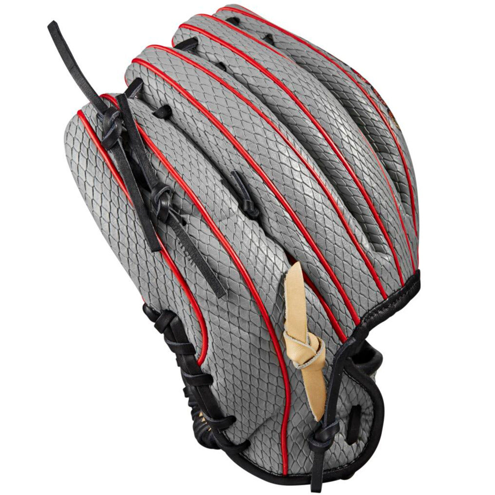 The Wilson A2000 PF88SS 11.25" SuperSnakeSkin Baseball Glove (WBW1009811125) features a gray design with black laces, red seam accents, a tan thumb area, and Pedroia Fit tech for infield performance.