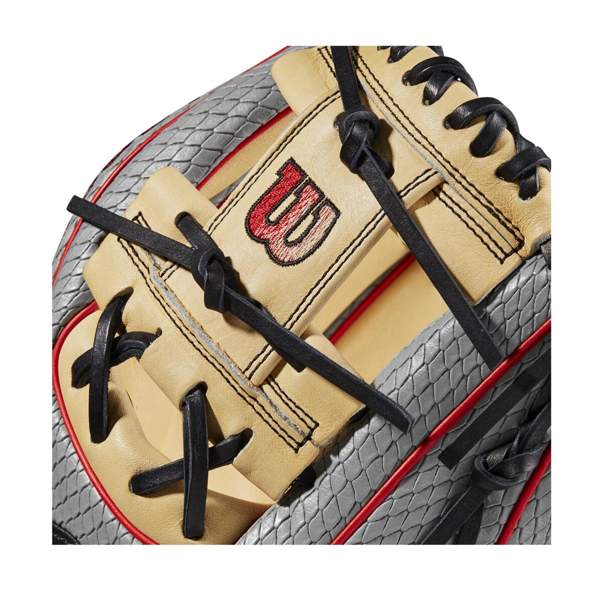 Close-up of the Wilson A2000 PF88SS 11.25" SuperSnakeSkin Baseball Glove (WBW1009811125) in tan leather with black laces, red accents, gray snakeskin pattern, Pedroia Fit tech, and a red/black Wilson logo on the tan section.