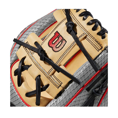 Close-up of the Wilson A2000 PF88SS 11.25" SuperSnakeSkin Baseball Glove (WBW1009811125) in tan leather with black laces, red accents, gray snakeskin pattern, Pedroia Fit tech, and a red/black Wilson logo on the tan section.