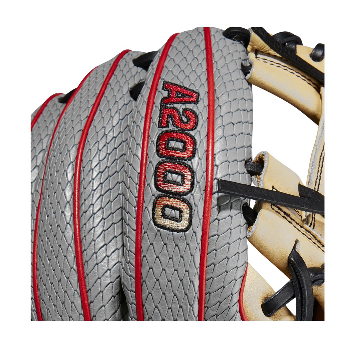 Close-up of the Wilson A2000 PF88SS 11.25" SuperSnakeSkin Baseball Glove (WBW1009811125) featuring a gray textured surface, red and black embroidery, tan and black leather lacing, and Pedroia Fit technology for infielders.