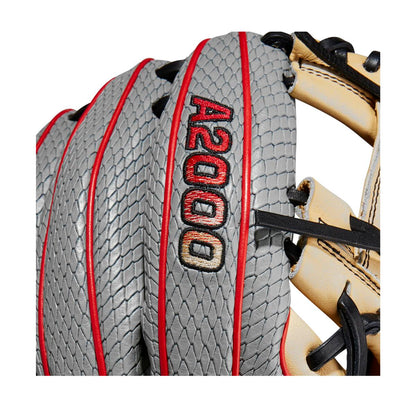 Close-up of the Wilson A2000 PF88SS 11.25" SuperSnakeSkin Baseball Glove (WBW1009811125) featuring a gray textured surface, red and black embroidery, tan and black leather lacing, and Pedroia Fit technology for infielders.