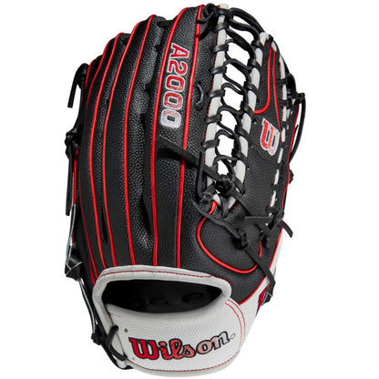 The Wilson A2000 OT7SS 12.75" SuperSkin Baseball Glove (WBW1009871275) features a black design with red and white accents, black lacing, the Wilson logo on the wrist strap, and durable SuperSkin material for top performance.