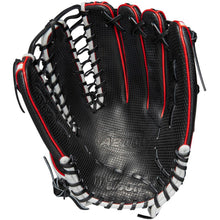 The Wilson A2000 OT7SS 12.75" SuperSkin Baseball Glove by Wilson features black leather with red and white stitching, an open design showing webbing and laces, and durable SuperSkin for enhanced performance.