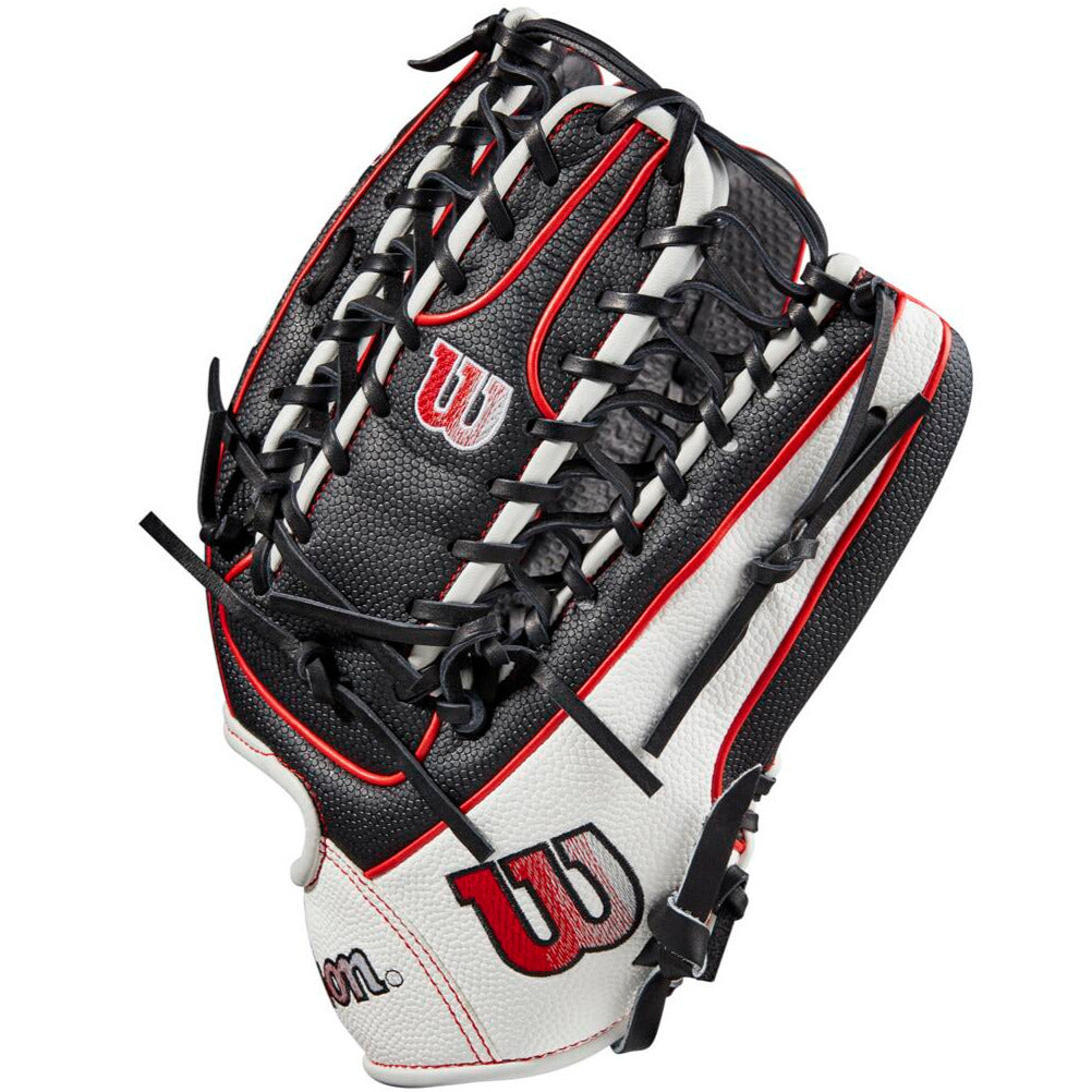 The Wilson A2000 OT7SS 12.75" SuperSkin Baseball Glove (WBW1009871275) features black, white, and red colors, visible laces, a "W" logo, textured leather details, and SuperSkin material with the palm facing away.