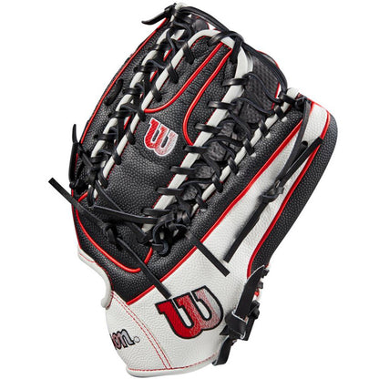 The Wilson A2000 OT7SS 12.75" SuperSkin Baseball Glove (WBW1009871275) features black, white, and red colors, visible laces, a "W" logo, textured leather details, and SuperSkin material with the palm facing away.