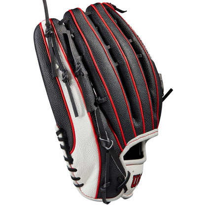 The Wilson A2000 OT7SS 12.75" SuperSkin Baseball Glove by Wilson features a black design with red and white accents, laced fingers and webbing, textured leather, and advanced Spin Control Technology for superior grip.