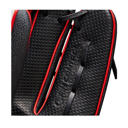 Close-up of the Wilson A2000 OT7SS 12.75" SuperSkin Baseball Glove (WBW1009871275) in black with red trim, black laces, detailed stitching, SuperSkin material, and Spin Control Technology.
