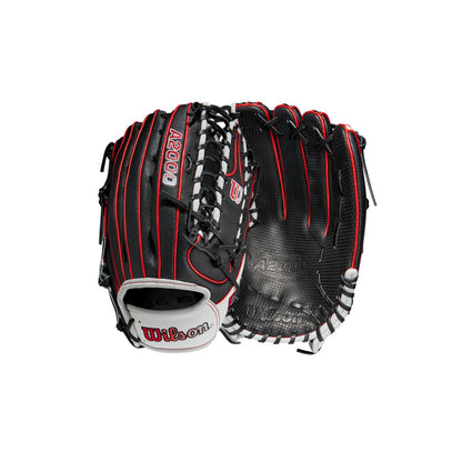 The Wilson A2000 OT7SS 12.75" SuperSkin Baseball Glove (WBW1009871275) by Wilson is shown from both the palm and back, highlighting its black color with red and white accents, detailed stitching, lacing, and durable SuperSkin construction.