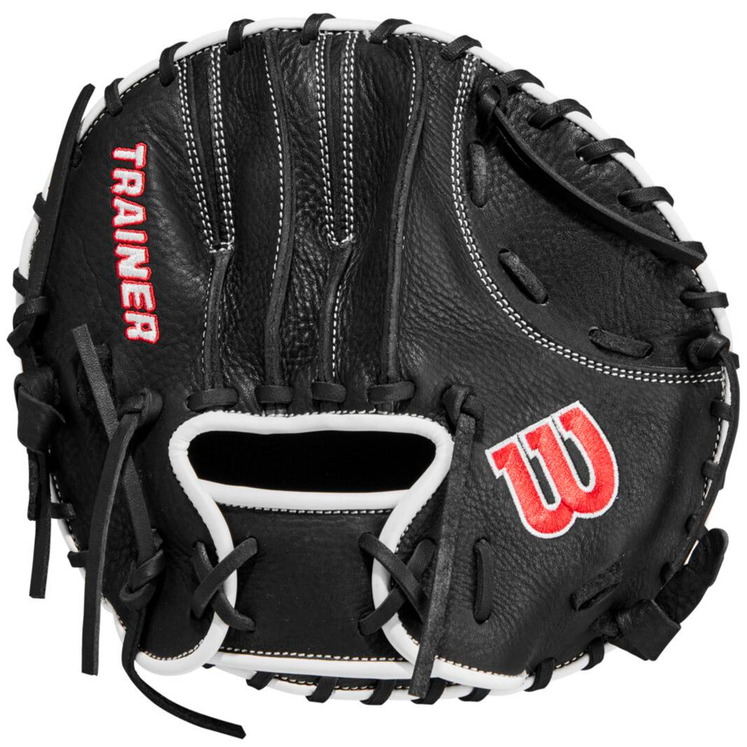 The Wilson 27.5" Infield Pancake Training Mitt (WBW100997275) features black leather with white stitching, TRAINER in red on the left, a red W logo on the lower right, and is perfect for infield training from trusted brand Wilson.