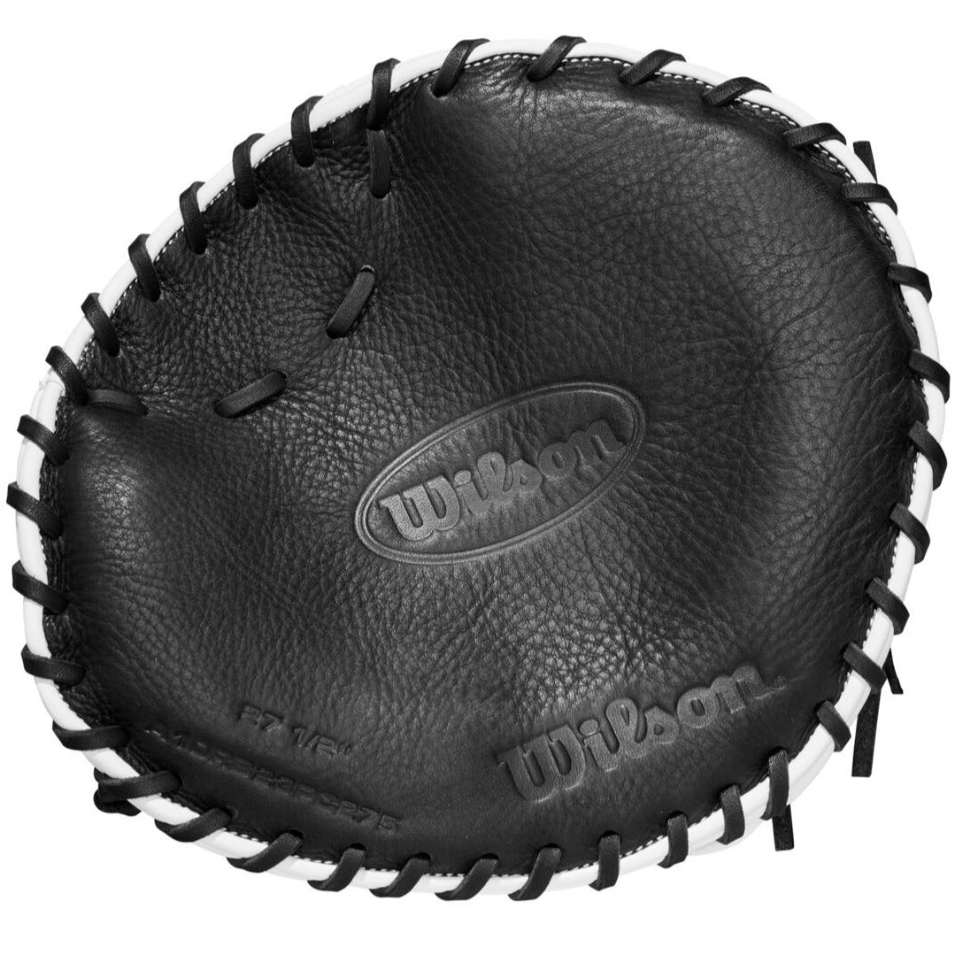 A close-up of the Wilson 27.5" Infield Pancake Training Mitt (WBW100997275) in black, featuring white and black stitching and the Wilson logo on the palm—a great showcase of Wilson’s ball glove quality.
