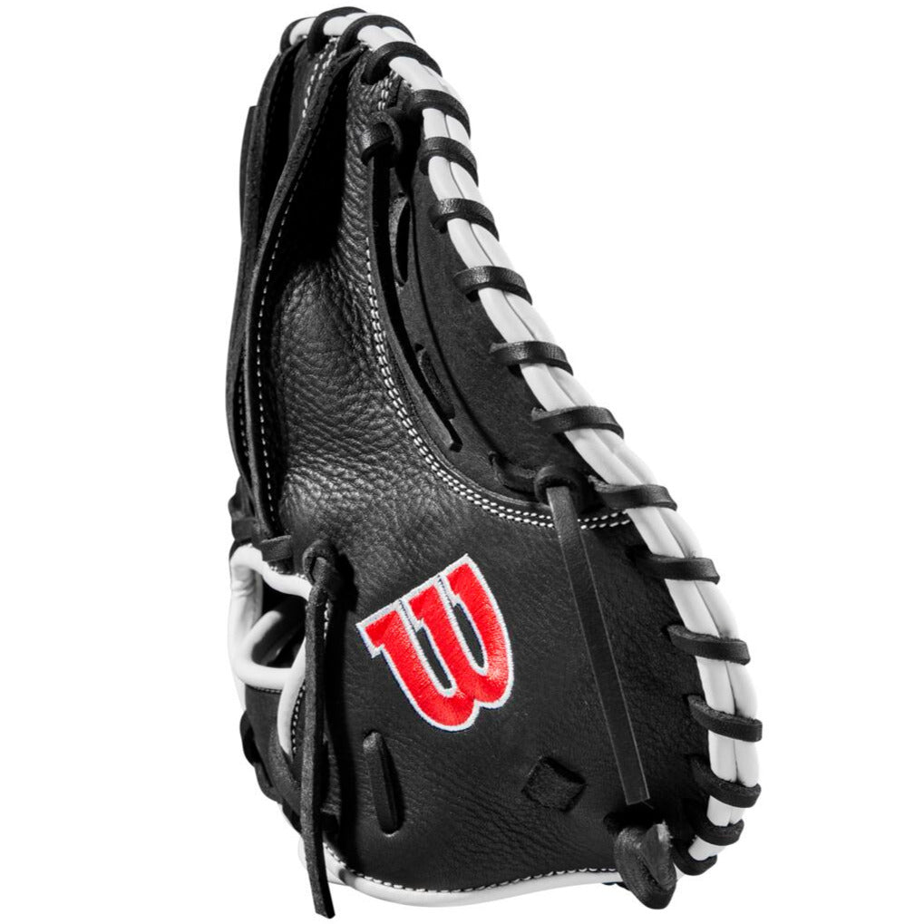 The Wilson 27.5" Infield Pancake Training Mitt (WBW100997275) is a black and white leather glove featuring the red Wilson W logo on the side.