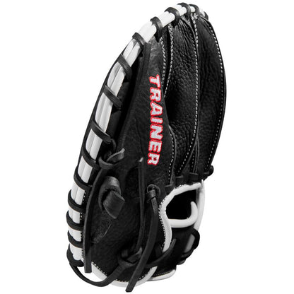 The Wilson 27.5" Infield Pancake Training Mitt: WBW100997275 features black leather, white laces, and TRAINER in red embroidery—perfect for defensive drills as a training or infield pancake glove. Photographed on a white background.