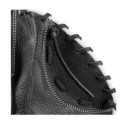 Close-up view of the Wilson 27.5" Infield Pancake Training Mitt (WBW100997275) in black, featuring white stitching and lacing details along the edge.