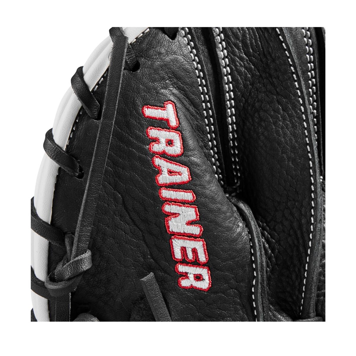 Close-up of the Wilson 27.5" Infield Pancake Training Mitt (WBW100997275), a black leather Wilson trainer featuring white stitching and "TRAINER" embroidered in red and white on the surface.
