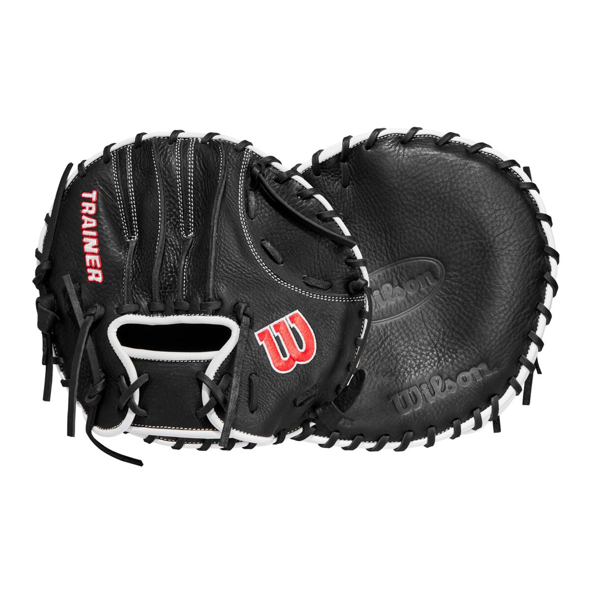 The Wilson 27.5" Infield Pancake Training Mitt (WBW100997275) is a pair of black Wilson gloves with white laces and red TRAINER text, featuring one open palm side and one back view showing the Wilson logo and red W branding.
