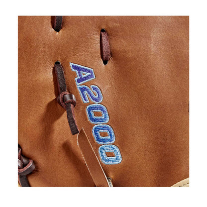 Close-up of the Wilson A2000 AC4 12.5" Amanda Chidester GM Fastpitch First Base Mitt, showcasing brown Pro Stock leather, dark brown laces, and "A2000" embroidered in blue and white stitching.