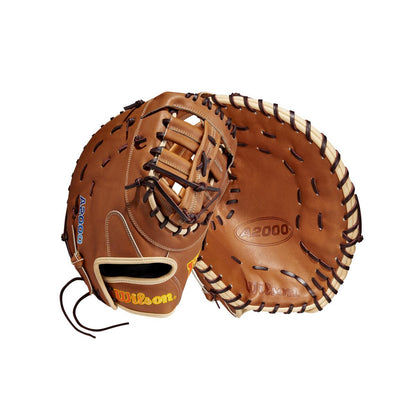 Two brown Wilson A2000 AC4 12.5" Amanda Chidester GM Fastpitch First Base Mitts by Wilson, with black laces, are shown: one displays the branded outer side, the other reveals the inner catching pocket and webbing.
