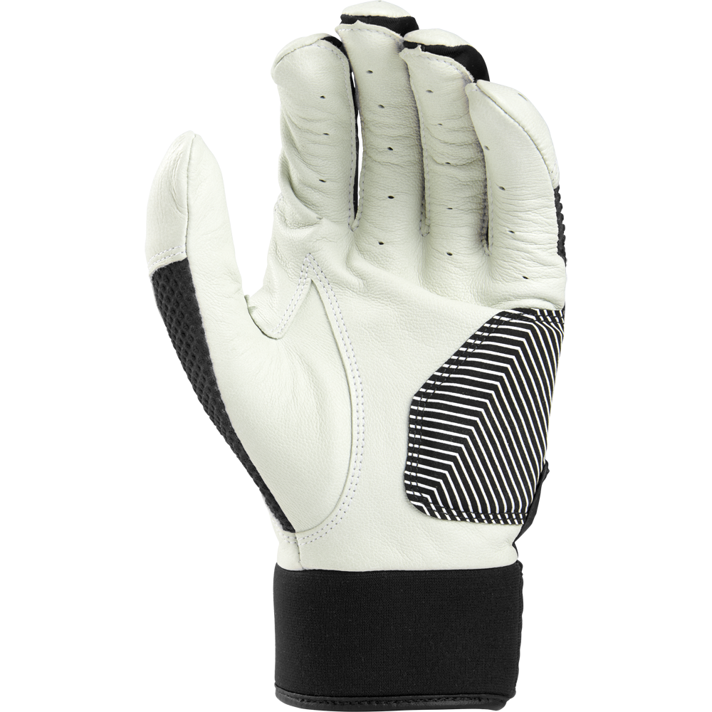 A single Rawlings Workhorse Adult Batting Glove (WH22BG) in white and black, featuring black textured and striped grip sections, is shown palm-up against a plain light background.