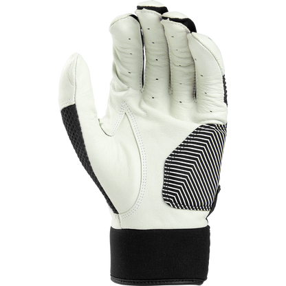 A single Rawlings Workhorse Adult Batting Glove (WH22BG) in white and black, featuring black textured and striped grip sections, is shown palm-up against a plain light background.