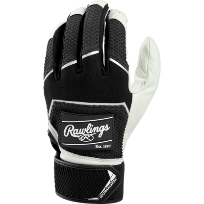 The Rawlings Workhorse Adult Batting Gloves (WH22BG) are black and white gloves with a Velcro wrist strap, a "Rawlings Est. 1887" logo on the back, and designed for right-handed users.