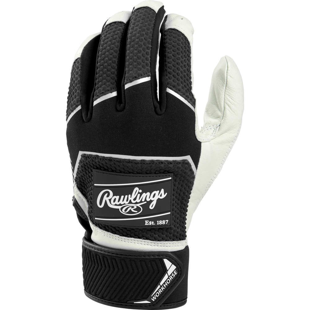 The Rawlings Workhorse Youth Batting Gloves (WH22BY) feature black and white textured material, white accents, a Velcro strap labeled "Workhorse," and display the Rawlings logo with "Est. 1887" on the back.