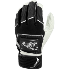 The Rawlings Workhorse Youth Batting Gloves (WH22BY) feature black and white textured material, white accents, a Velcro strap labeled "Workhorse," and display the Rawlings logo with "Est. 1887" on the back.