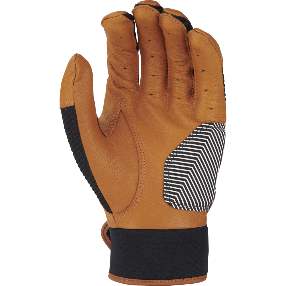 The Rawlings Workhorse Adult Batting Glove (WH22BG) features brown leather, black and white diagonal stripes on the back, black textured sides along the fingers, and a black cuff at the wrist. The glove is shown with the palm facing away.