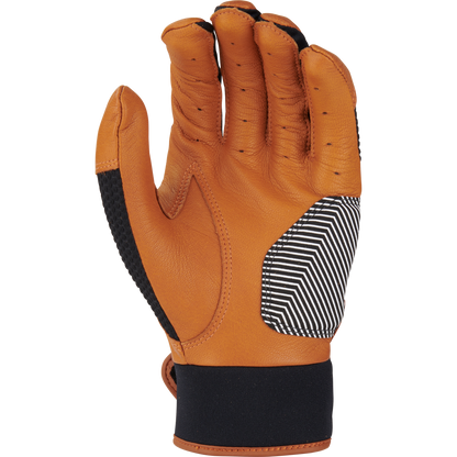 The Rawlings Workhorse Adult Batting Glove (WH22BG) features brown leather, black and white diagonal stripes on the back, black textured sides along the fingers, and a black cuff at the wrist. The glove is shown with the palm facing away.